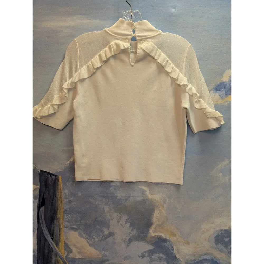 NEW! Alice + Olivia M White Knit 'Chiara' Ruffle Pullover Top Short Sleeve $360